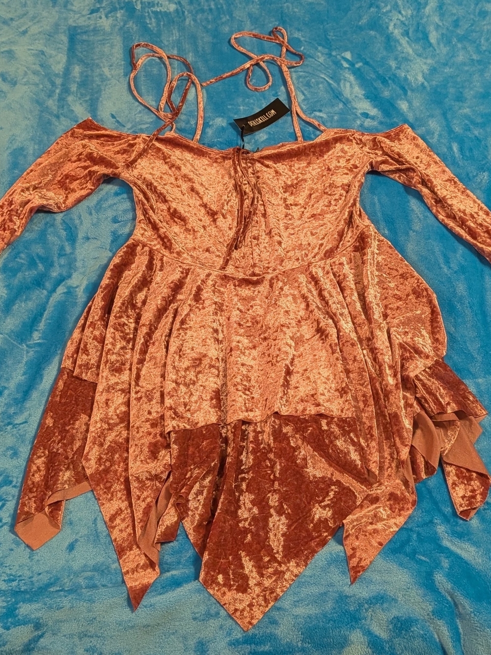 Current Mood Pink Velvet Off Shoulder Handkerchief Hem Tunic Gothic Boho
